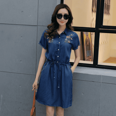 ĐẦM JEAN CỔ SƠ MI VAI THÊU HOA THỜI TRANG - NJ944